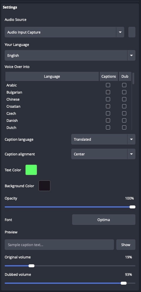 StreamFluent OBS plugin settings panel showing audio source selection, language picker, caption styling options, and volume controls